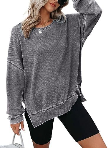 Womens Oversized Waffle Knit Sweatshirts Long Sleeve Side Slits Casual Pullover Sweatshirt Tops