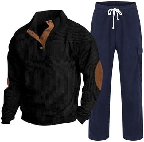 Men's Fall and Winter Sportswear Fashion Two Piece Corduroy Button Up Top and Straight Leg Skeleton Sweat Suit