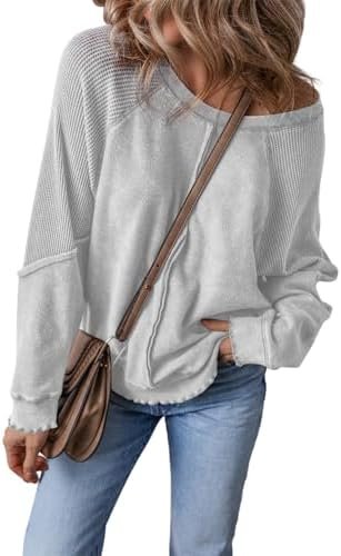 Womens Fashion Waffle Knit Sweatshirt Casual Long Sleeve Reverse Seam Pullover Sweatshirts