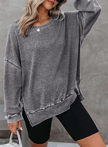 Womens Oversized Waffle Knit Sweatshirts Long Sleeve Side Slits Casual Pullover Sweatshirt Tops