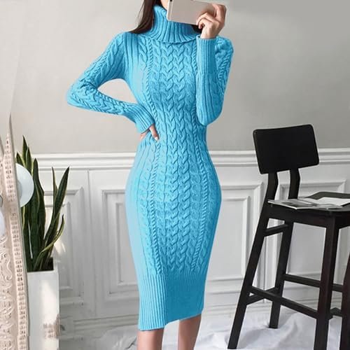 Womens Long Sleeve Turtleneck Sweater Dresses Knitted Bodycon Midi Jumper Dresses Tunic Sweater Dress with