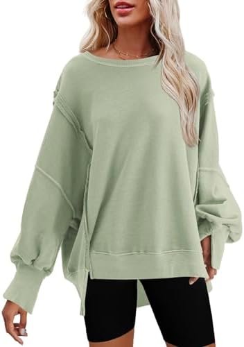 Womens Oversized Sweatshirt Side Slit Long Sleeve Pullover Slouchy Fit Tops