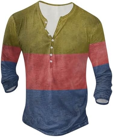 Men's Patchwork Color Casual Crew Neck Button Up T Shirt Large Size Digital Printed T Shirt Long Mens Loose Fit