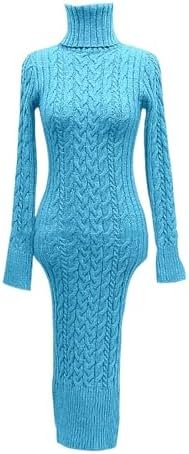 Womens Long Sleeve Turtleneck Sweater Dresses Knitted Bodycon Midi Jumper Dresses Tunic Sweater Dress with