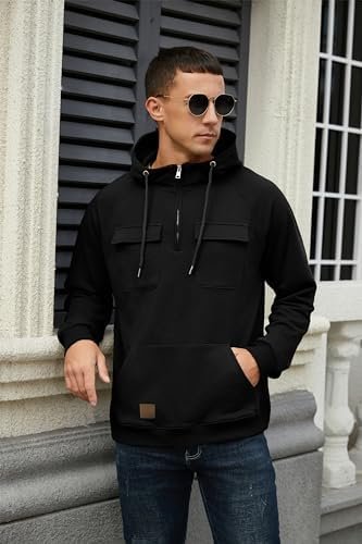 Men's Cargo Hoodies Quarter Zip Sweatshirts Tactical Pullover Casual Gym Athletic Loose Hooded Sweatshirts