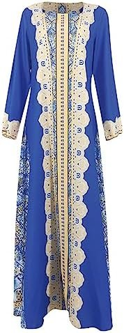 New Women's Long Sleeved Skirt Middle Printed Muslim Robe European and Dubai Dress Short Elegant Dress