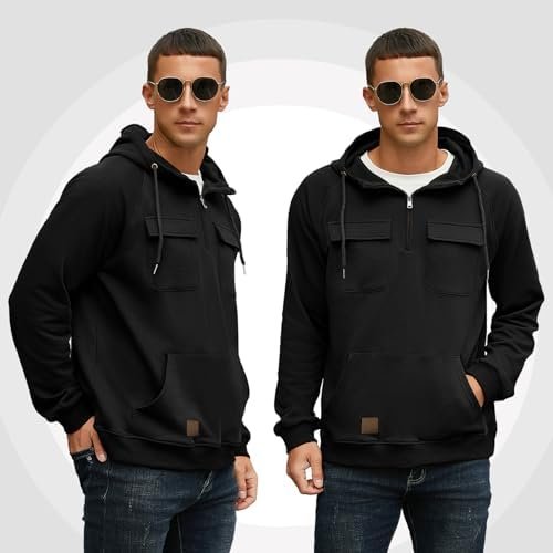 Men's Cargo Hoodies Quarter Zip Sweatshirts Tactical Pullover Casual Gym Athletic Loose Hooded Sweatshirts